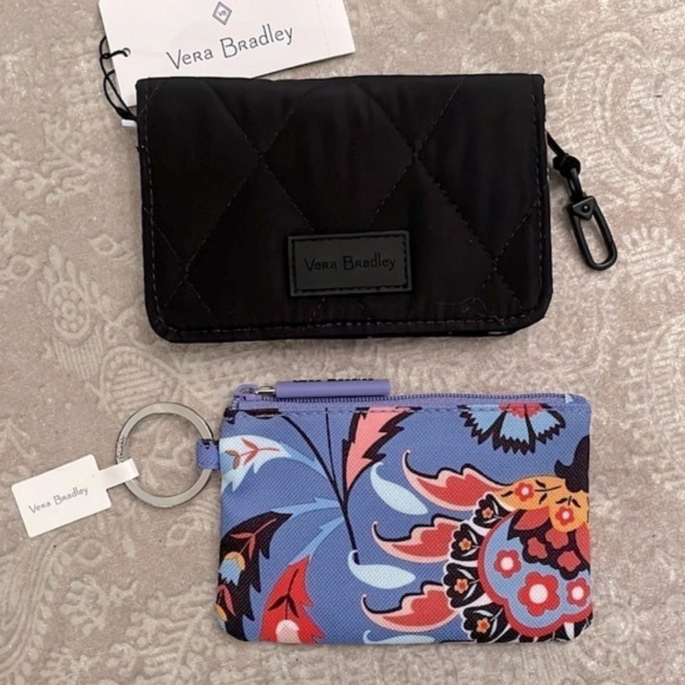 Brand New Vera Bradley Black RFID Bifold Wallet & Blue Floral Zip ID Case